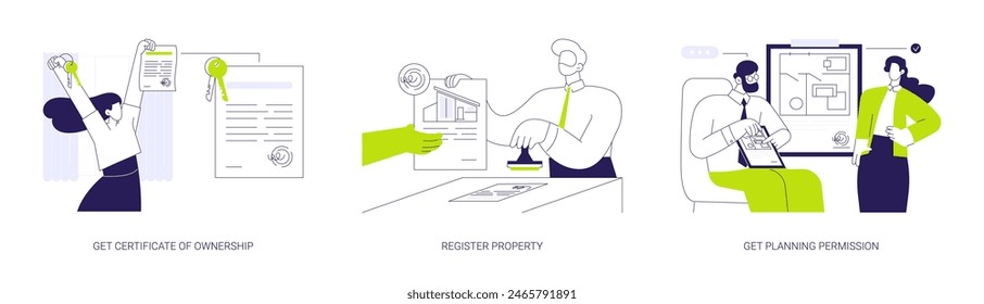 Real estate documents abstract concept vector illustration set. Get certificate ownership, register property, planning permission, notary records, land registry, bureaucracy abstract metaphor.