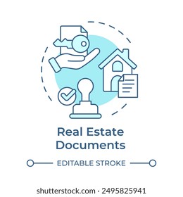 Icono de concepto suave azul de documentos inmobiliarios. Derechos de propiedad, titularidad notarial. Ilustración de línea de forma redonda. Abstractas idea. Diseño gráfico. Fácil de usar en infografía, presentación