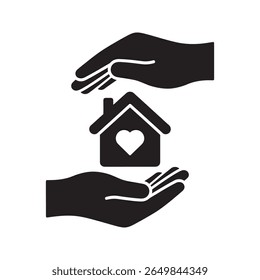 Real estate donation icon with a hand holding a house showing home care and charity property gift for a loving family shelter support vector solid glyph icon