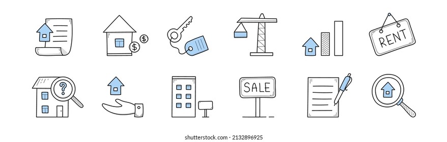 Real estate doodle icons house, paper document, key from apartment, building crane, growing finance chart, rent and sale signboard, magnifying glass research, realtor hand Line art vector illustration