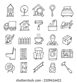 Real Estate Doodle vector icon set. Drawing sketch illustration hand drawn line.