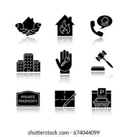 Real estate drop shadow black glyph icons set. House in hands, multi-storey building, floor plan, parking place, private property sign, gavel, hand with key. Isolated vector illustrations