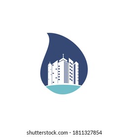 Diseño del logo vectorial de la forma de caída inmobiliaria. Logotipo de construcción, construcción y construcción de edificios.