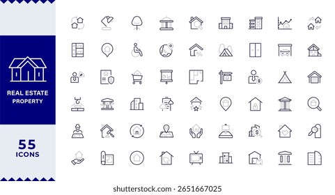 Ícones de contorno Duotônico do Real Estate com coleção de traçados editável. Inclui Casa, Moradia, Hipoteca, Corretor de imóveis, Instalações,