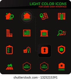 Real Estate easy color vector icons on dark background for user interface design