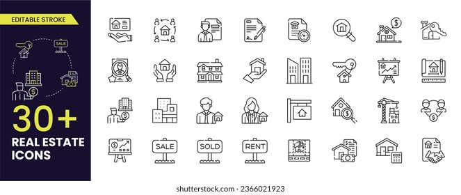 Real Estate editable stroke icons Collections. Home, property, rental, home loan, sold, sale, rent mortgage, building, agent, plan, relator, renovation, and house sale. Vector Icons collections