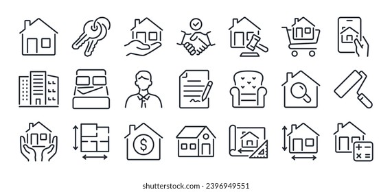 Real estate editable stroke outline icons set isolated on white background flat vector illustration. Pixel perfect. 64 x 64.