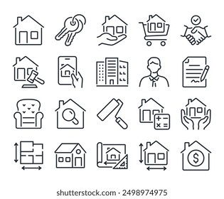 Conjunto de iconos de contorno de trazo editable inmobiliario aislado en Ilustración vectorial plana de fondo blanco. Píxel perfecto. 64 x 64