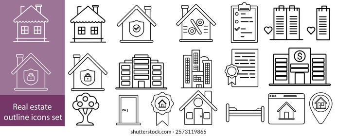 Real estate editable stroke outline icons set isolated on white background flat vector illustration.