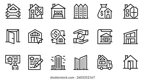 Real estate editable stroke outline icons set isolated on white background flat vector illustration.	