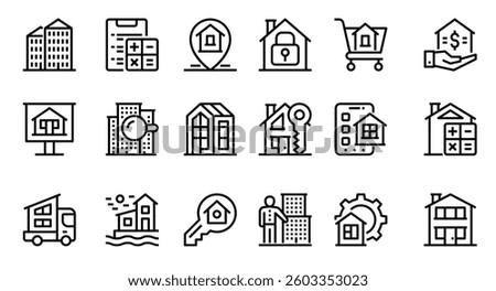 Real estate editable stroke outline icons set isolated on white background flat vector illustration.	