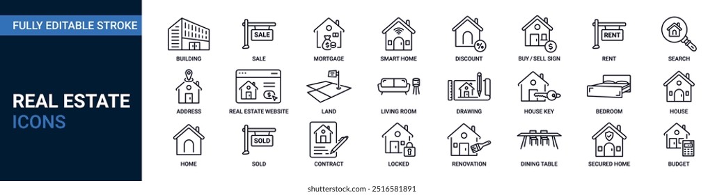 Real Estate editable stroke web icon set. Contains home, rent and property vector illustration