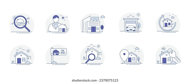 Real Estate Essentials. collection of symbols and illustrations essential for various real estate-related applications and websites. These icons are designed to facilitate property searches.