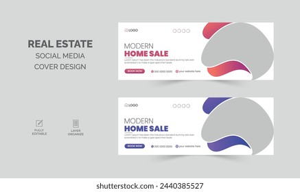 Real estate facebook cover design, modern home sale social media cover template, web banner, discount house sale banner.