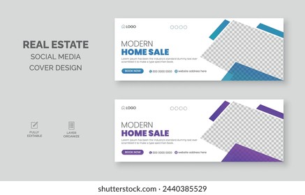 Real estate facebook cover design, modern home sale social media cover template, web banner, discount house sale banner.