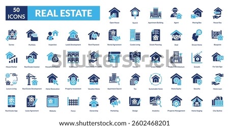 real estate fill icon set collection. house key, blueprint, for Sale Sign, home loan, city skyline, open house, search, apartment building, agent, moving box, survey