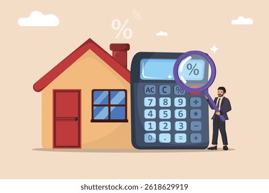 Real Estate Finance Concept with Businessman Analyzing Mortgage Rates Using Calculator and Magnifying Glass.