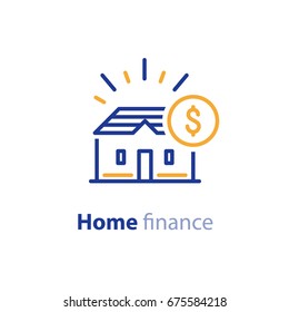 Real estate financial concept, rental house, mortgage down payment, home insurance, living expenses, property sale, vector line icon