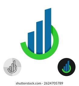 Real estate or financial logo in a green circle frame with high buildings or business graph columns. Diagram growth symbol.