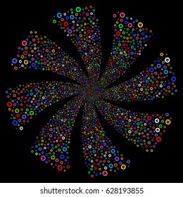 Real Estate fireworks swirl rotation. Vector illustration style is flat bright multicolored iconic symbols on a black background. Object whirlpool done from random icons.