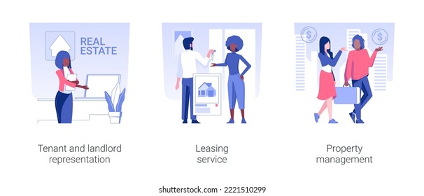 Real estate firm services isolated concept vector illustration set. Tenant and landlord representation, leasing service, property management, brokerage company business vector cartoon.