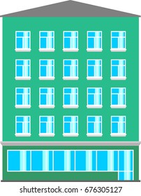 Real estate five floors house with triangle roof with shop window on the first floor, european style architecture, city scape element, town street vector illustration, cartoon flat design.