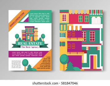 Real estate flat brochure set with house logo, ribbon, trees. Village apartment rental and buying flyer vector illustration.