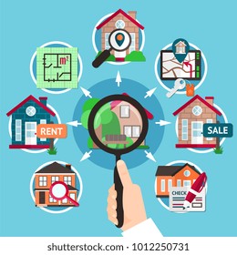 Real estate flat composition with magnifier in the hands of a man vector illustration