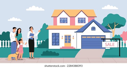 Real estate flat concept with happy family looking for new house vector illustration