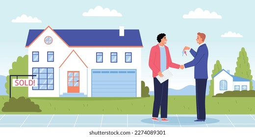 Real estate flat concept with man buying a house from broker vector illustration