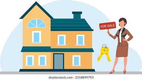 Real estate flat concept with woman looking for new house using mobile device vector illustration