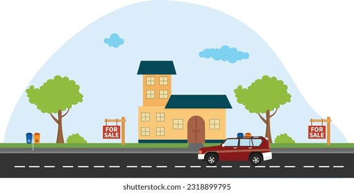 Real estate flat concept with woman looking for new house using mobile device vector illustration