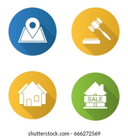 Real estate flat design long shadow glyph icons set. Building location, house for sale, gavel, three houses. Vector silhouette illustration