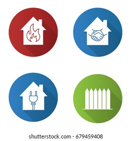 Real estate flat design long shadow glyph icons set. Houses with plug and fire inside, fence, real estate deal. Vector silhouette illustration