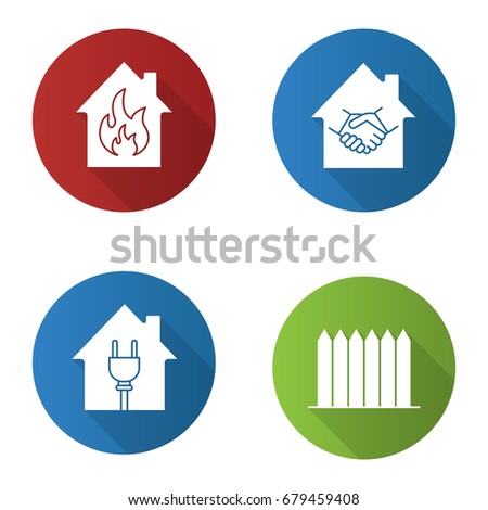 Real estate flat design long shadow glyph icons set. Houses with plug and fire inside, fence, real estate deal. Vector silhouette illustration