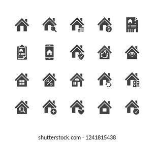 Real estate flat glyph icons set. House sale, home insurance, mortgage calculator, apartment search app, building renovation vector illustrations. Homepage signs. Solid silhouette pixel perfect 64x64.