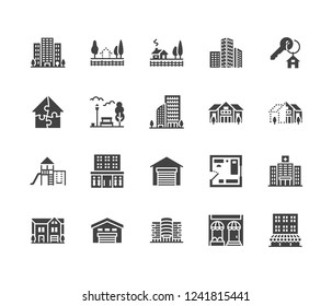 Real estate flat glyph icons set. House sale, commercial building, country home area, skyscraper, mall, kindergarten vector illustrations. Infrastructure signs. Solid silhouette pixel perfect 64x64.