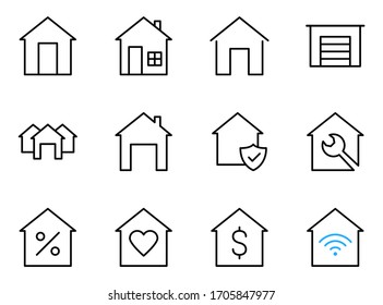Real estate flat glyph icons set. House sale, building renovation vector illustrations. Homepage signs.  Simple linear house pictograms on a white background. Pixel perfect