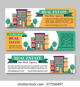 Real estate flat horizontal banner set with house logo, ribbon, trees. Village apartment rental and buying vector illustration.