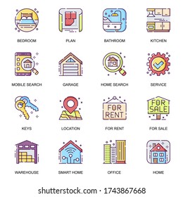 Real estate flat icons set. Bedroom, bathroom and kitchen, rent and sale service, smart home, residential and commercial building line pictograms for mobile app. Real estate agency vector icon pack.