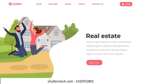 Real estate flat landing page template. Young people, husband and wife moving to house website, webpage vector layout. Cheerful family couple cartoon characters jumping outside new home