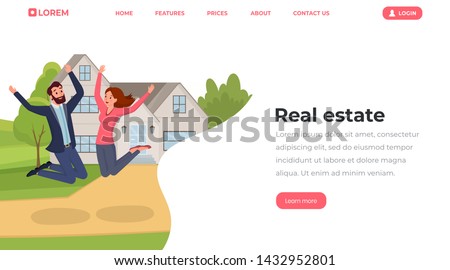 Real estate flat landing page template. Young people, husband and wife moving to house website, webpage vector layout. Cheerful family couple cartoon characters jumping outside new home