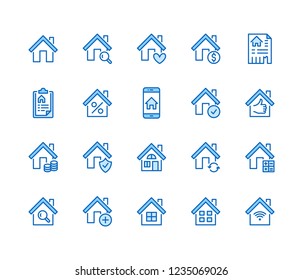 Real estate flat line icons set. House sale, home insurance, mortgage calculator, apartment search app, building renovation vector illustrations. Homepage signs. Pixel perfect 64x64. Editable Strokes.