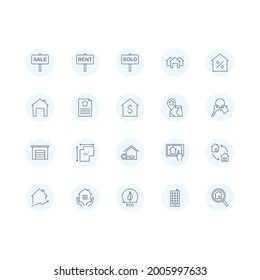 Real Estate flat line icons set. Includes such as sIcons as a house, apartment, keys, garage, house layout, residential building. Simple flat vector illustration for store, web site or mobile app.