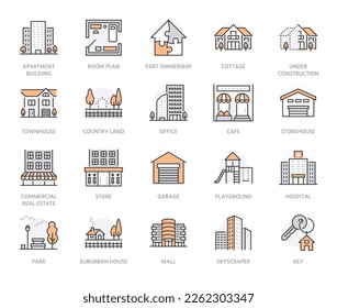 Real estate flat line icons set. House sale, commercial building, country home area, skyscraper, mall, kindergarten vector illustrations. Infrastructure signs. Orange color. Editable Stroke