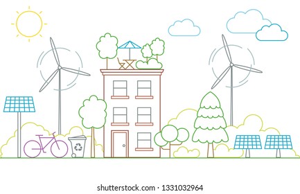 Real estate flat line vector architecture design. Outline stroke house for sale. Property investment, buy, sell, rent, apartment. Green energy, eco friendly, modern. Solar, wind power. Ecology concept