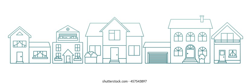 Real estate flat line vector architecture design. Outlined stroke icons of different houses for sale concept. Property investment, buy, sell, rent house, apartment. For poster, web, banner, header.