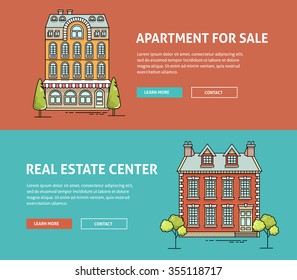 Real estate flat line web banner. Flat linear architecture vector design. Outlined stroke vector realty icons. House for sale concept. Property management, investment, buy, sell, rent house, apartment