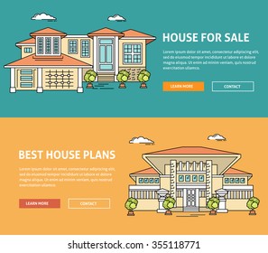 Real estate flat line web banner. Flat linear architecture vector design. Outlined stroke vector realty icons. House for sale concept. Property management, investment, buy, sell, rent house, apartment