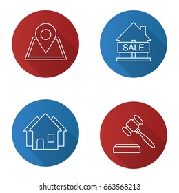 Real estate flat linear long shadow icons set. Building location, house for sale, gavel, three houses. Vector outline illustration